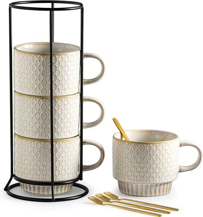 Gomakren Coffee Mugs Set of 4, 13 Ounce Stackable Coffee Mugs with Stand, Father's Day Ceramic Coffee Cups with Spoon for Coffee, Espresso, Cappuccino, Latte, Cocoa, Tea and Milk, Creamy White