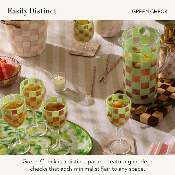 MACKENZIE-CHILDS Set of 4 Acrylic Tumblers, Open Tumbler Cups, Acrylic Cups, 14 Ounces, Green Check