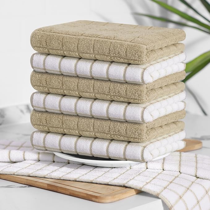 Homaxy Premium Cotton Kitchen Towels 16"x 28", Large Natural Ring Spun 390 GSM Dish Towels, Super Absorbent Terry Kitchen Hand Towels, Soft Tea Towels with Hanging Loop, Tan Check Design, 8 Pack