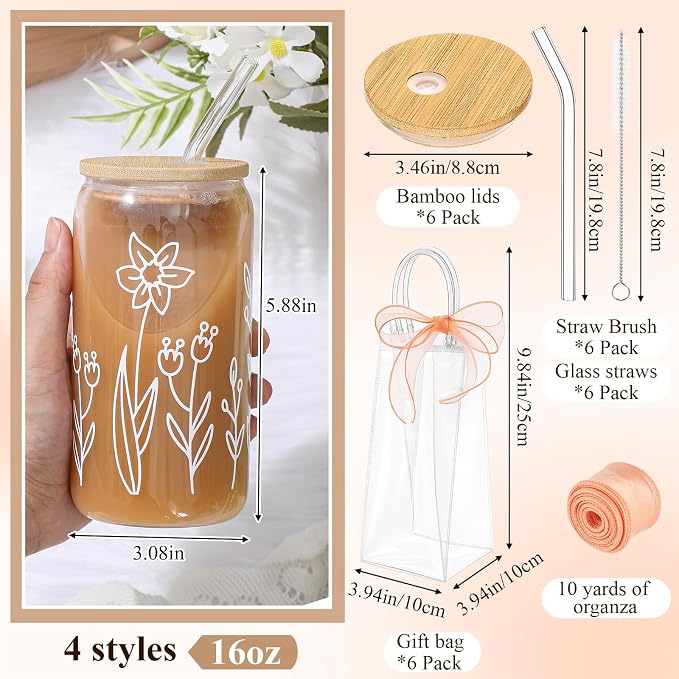 Mumufy 6 Sets Boho Floral Glass Cups with Clear Gift Bag 16 oz Reusable Flower Iced Coffee Mugs Aesthetic Cute Tumbler with Lids and Straws, Gifts for Girls Women Bridesmaid
