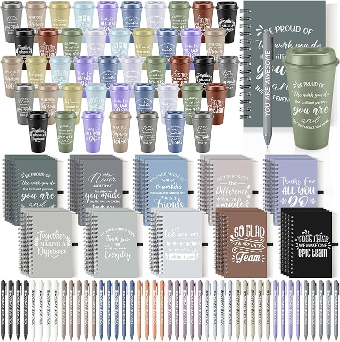 Teenyyou 135 Pcs Employee Appreciation Gift Set, 16oz Tumbler with Lid Notebook Pen Bulk Thank You Gift Holiday Party Favor for Teachers Office Coworker Teacher Staff Team (Dark Color,Classic Style)