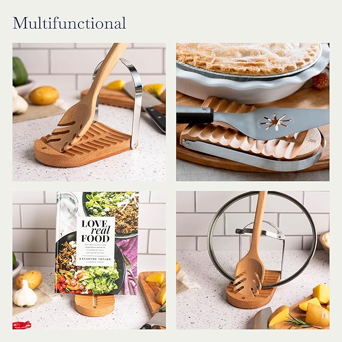 Spoon Rest Pot Holder - Wood and Stainless Steel Pot Lid Holder and Spoon Rest for Stove Top or Kitchen Counter, Foldable, Adjustable Stand for Cookbook, Pan Lid, Cooking Utensil, Ladle
