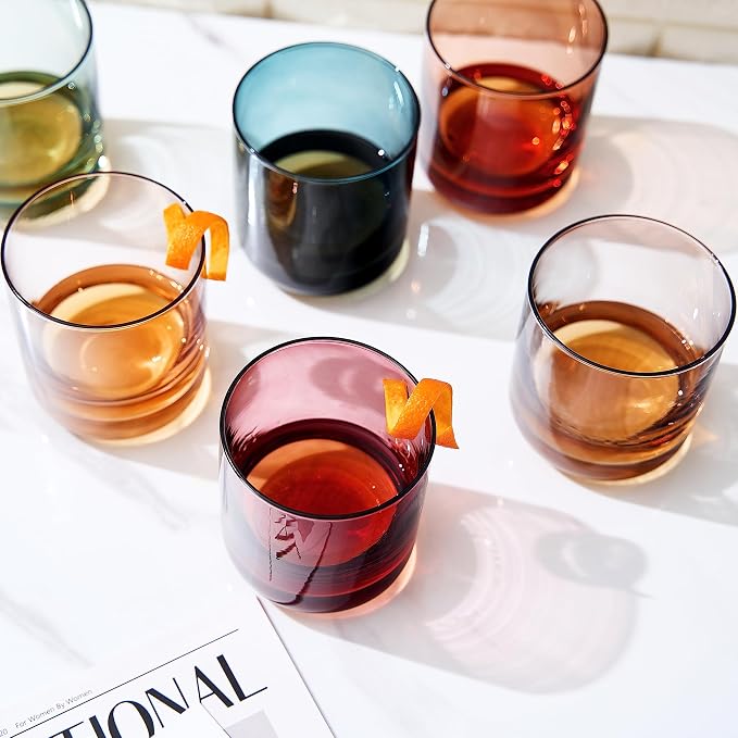 Khen Colored Old-Fashioned Drinking Glasses | Set of 6 | 9.6oz Art Deco Stemmed Glasses for Whiskey, Martini, Cocktail, Champagne, Wine | Muted Pastel Colors