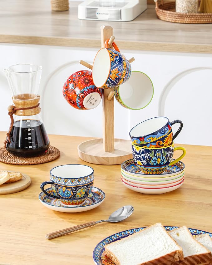 vancasso 8oz Cappuccino Cups with Saucers, Bohemian Coffee Cup for Latte, Espresso, Tea Porcelain Tea Cups and Saucers Set of 6 Teacup Microwave & Dishwasher Safe
