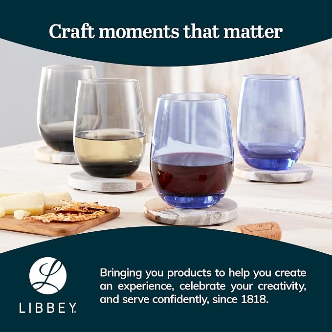 Libbey Classic Smoke All-Purpose Stemless Wine Glass Set, Timeless Wine Glasses Set of 6, 15.25 Oz, Stemless Drinking Glasses Set for Dinners, Weeknights