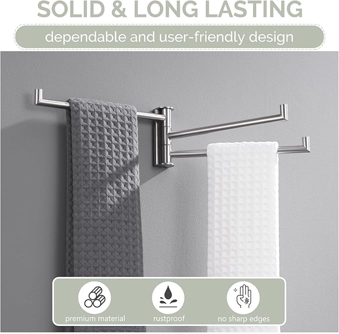 Angle Simple Swivel Hand Towel Holder 3 Bars Brushed Nickel, 304 Stainless Steel Hand Towel Rack for Bathroom Wall Mount