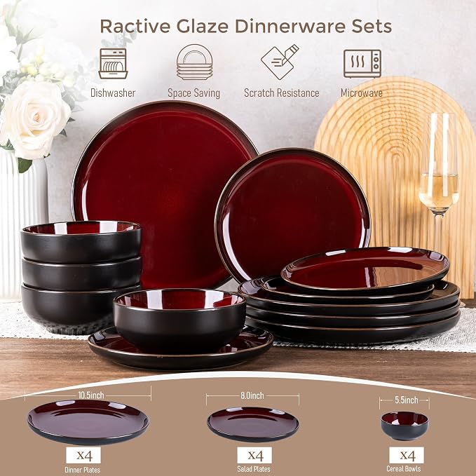 GBHOME Dinnerware Sets for 4, 12 Pieces Stoneware Plates and Bowls Sets, Scratch Resistant Ceramic Dishes, Dishwasher & Microwave Safe, Reactive Glaze-Burgundy