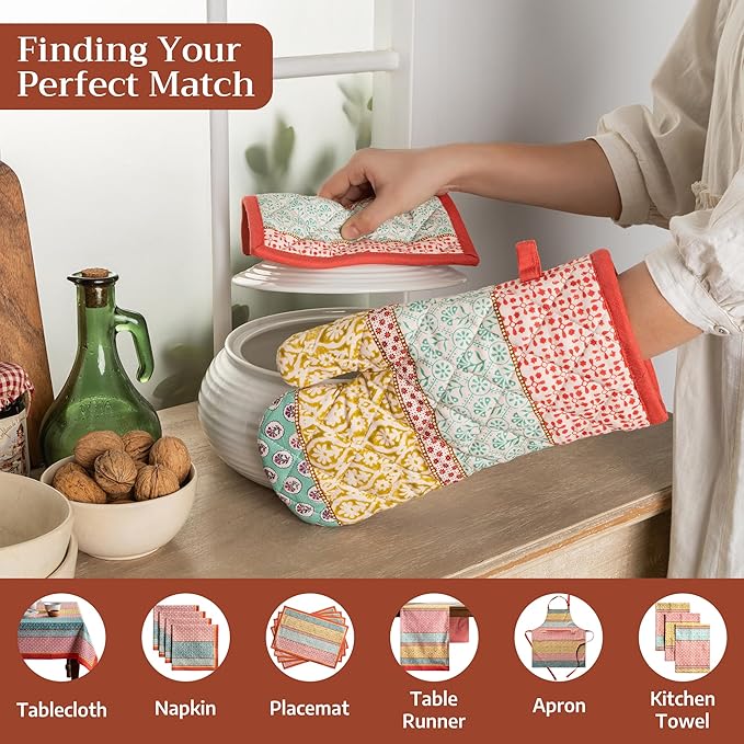 Maison d' Hermine 100% Cotton Oven Mitt & Pot Holder Set (7.5"x13" & 8"x8") Heat Resistant BBQ Cooking Gloves with Loop Baking Grilling Kitchen Gifts for Mothers Day Spring/Summer (Provence)