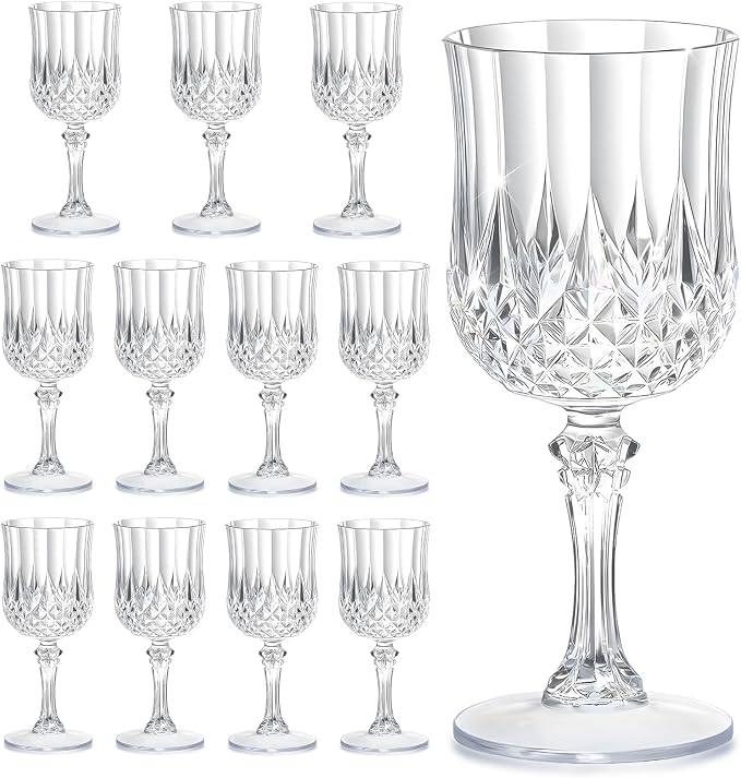 7OZ Plastic Wine Glasses, Reusable Vintage Goblets Unbreakable Drinking Glasses Crystal Water Cups Champagne for Wedding, Parties (12, Clear)