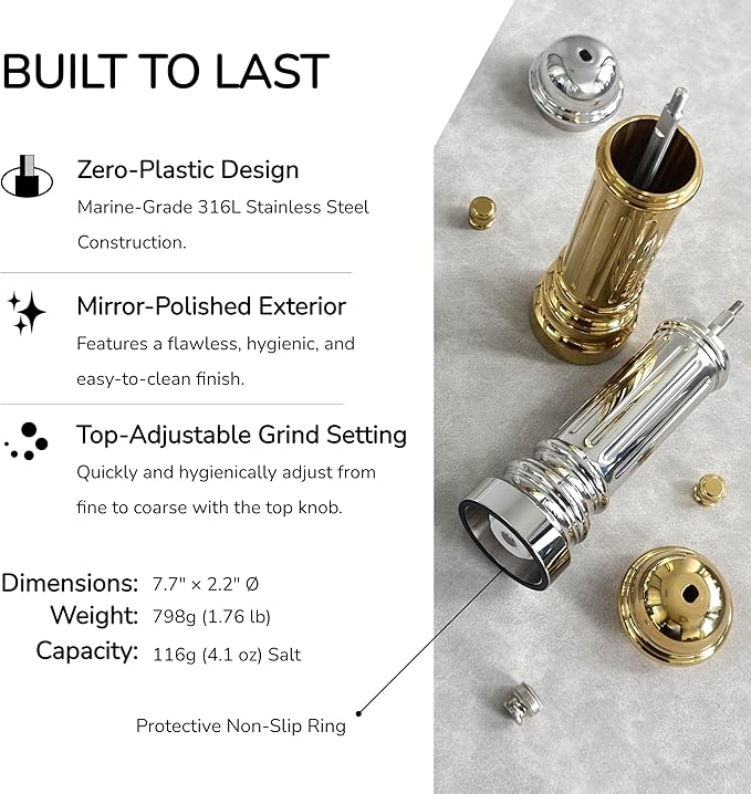 Metal Salt Grinder, Heavy Duty High Output Salt Mill with Adjustable Coarseness, 316L Stainless Steel, Refillable (Gold)