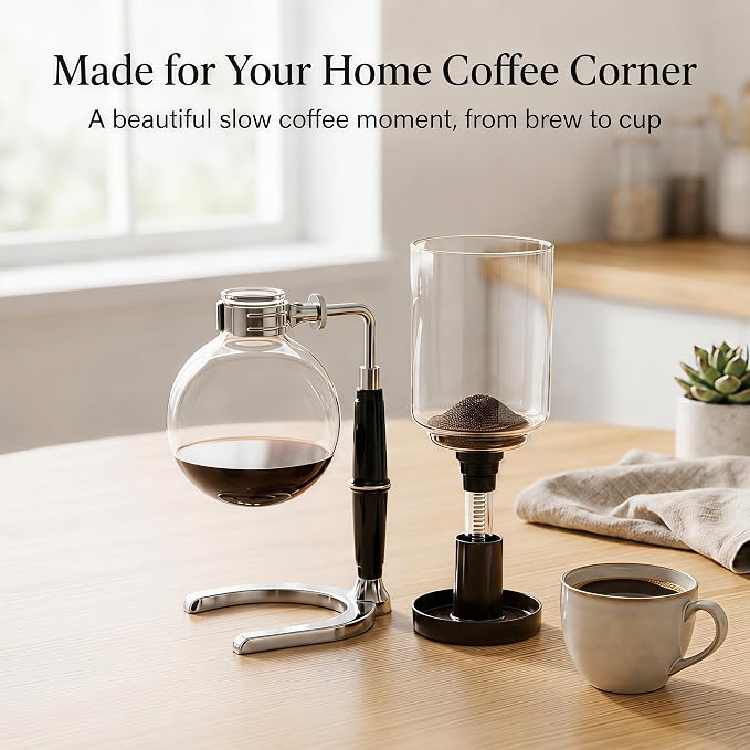 Siphon Coffee Maker, 20 oz Glass Vacuum Brewer with Cloth Filter | Borosilicate glass, reusable cloth filter, alcohol burner, hands-on siphon brewing, rich small-batch coffee