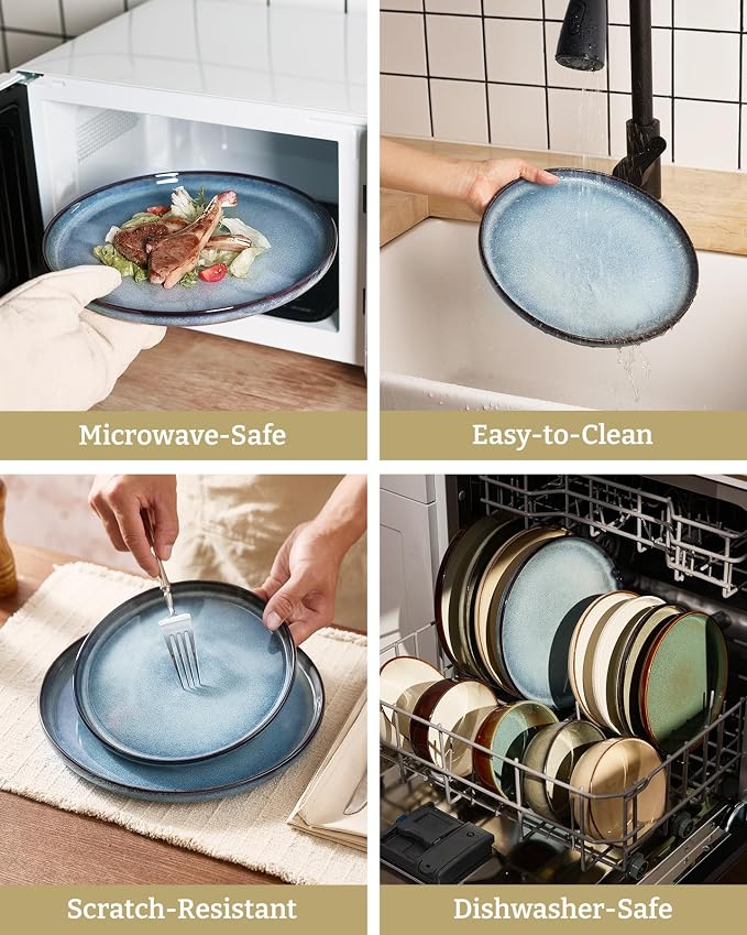 Famiware Milkyway Stoneware Dinnerware Set, 12-Piece, Double Reactive Glaze, Plates and Bowls, Service for 4, Microwave and Dishwasher Safe, Scratch-Resistant, Dusty Blue