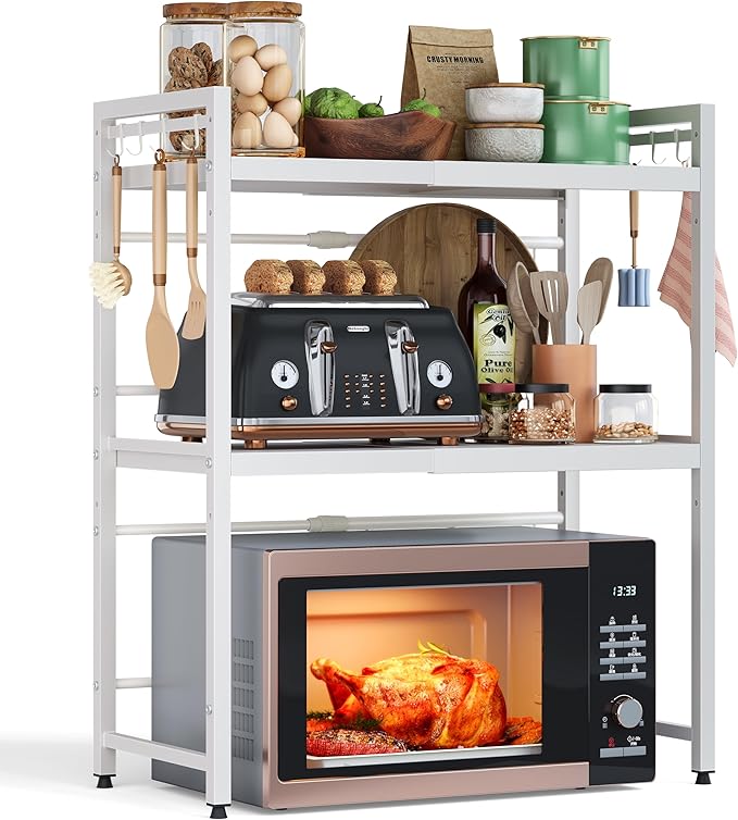 NETEL Expandable Microwave Stand,3 Tier Metal Kitchen Countertop Organizer Shelves with 8 Hooks,Bakers Rack,Microwave Shelf,Microwave Oven Rack,55lbs Weight Capacity