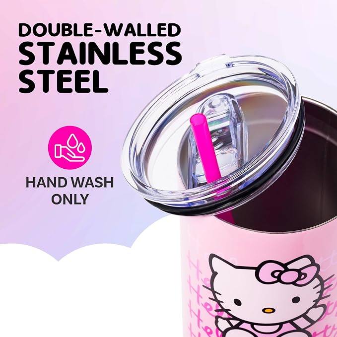 Silver Buffalo Sanrio Hello Kitty Waving Double Walled Stainless Steel Tumbler with Handle and Straw, Fits in Standard Cup Holder, 40 Ounces