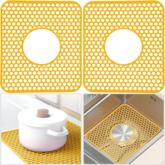 Silicone Sink Protectors for Kitchen - Non-Slip Heat Resistant Grid Mat for Farmhouse Porcelain Stainless Steel, Protects & Cushions Your Sink(Yellow 2PCS, 12.4"x10.4" Center Drain)