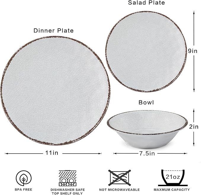 LEHAHA Farmhouse White Melamine Plates and Bowls Set, White dishes Rustic Farmhouse Dinnerware Set, Lightweight Melamine Dishes Set for 4, Perfect for RV, Camper, Dishwasher Safe