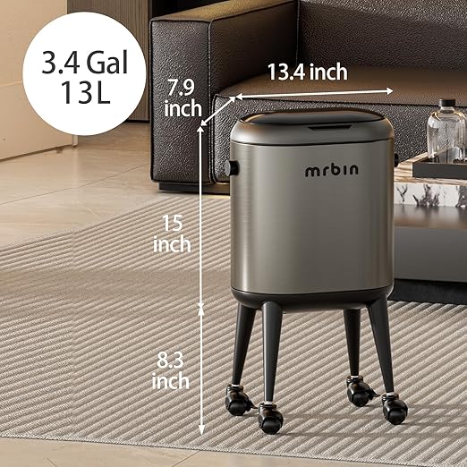 Stainless Steel Slim Bathroom Motion Sensor Trash Can with Lid and Wheels, 13L / 3.4gal Electric Touchless Toilet Waste Basket with Legs for Narrow Vanity, Rvs, Dorm, Kitchen, Eclipse Grey
