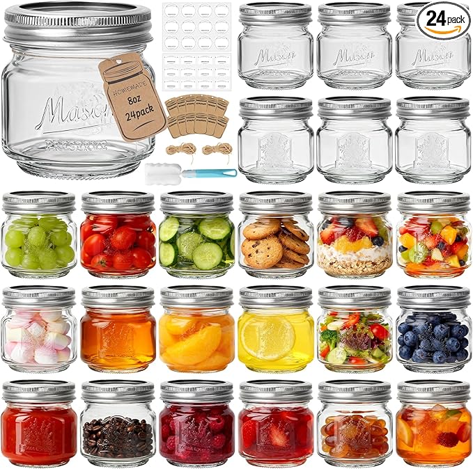 CycleMore Mason Jars 8 oz, 24 Pack Embossed Design Glass Canning Jars with Silver Metal Lids, Half Pint Glass Jars Ideal for Gifts, Jam, Honey, Wedding Favors, Shower Favors