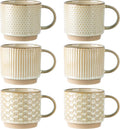 GBhome 12OZ Stackable Coffee Mugs Set of 6, Ceramic Coffee Mugs with Texture Patterns for Man,Woman,Dad,Mom, Modern Coffee Mugs Cups for Latte/Cappuccino/Cocoa. Dishwasher&Microwave Safe, Pale Khaki