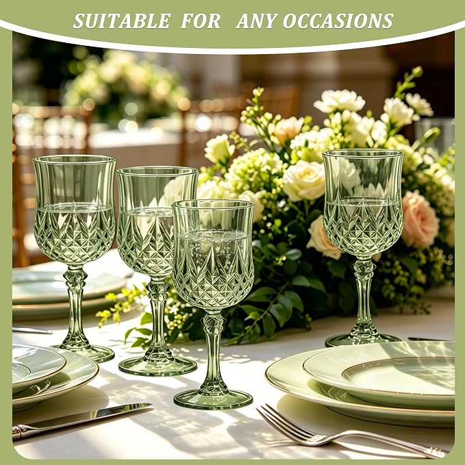 7OZ Plastic Wine Glasses, Reusable Vintage Goblets Unbreakable Drinking Glasses Crystal Water Cups Champagne for Wedding, Parties (12, Light Green)