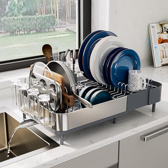 SUNLY Expandable Dish Drying Rack, Versatile Brackets for Pots & Pans, Space Saving Kitchen Drying Rack, Dish Racks for Kitchen Counter, Stainless Steel Dish Drainers with Extendable Spout, Gray
