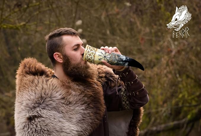 FENRIR Viking Drinking Horn With Stand & Thor Bottle Opener | Norse Medieval Authentic Ox Horn for Ale, Mead, Whiskey | Unique Gifts for Men & Women | 16-20 oz Odin & Vegvisir
