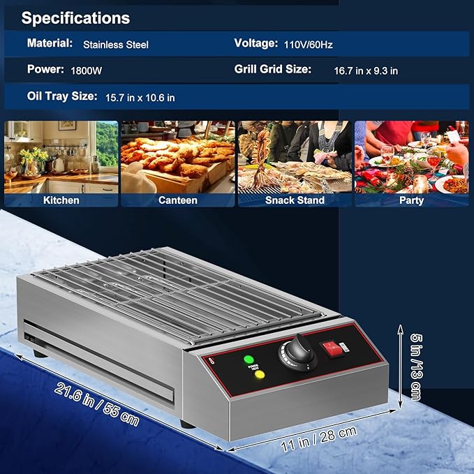 Garvee 1800W Smokeless Electric Grill, Indoor Outdoor Portable Griddle, Commercial Countertop BBQ Grill with Stainless Steel Grill Grate, Adjustable Temperature 122°F-572°F, for Home Camping Picnic