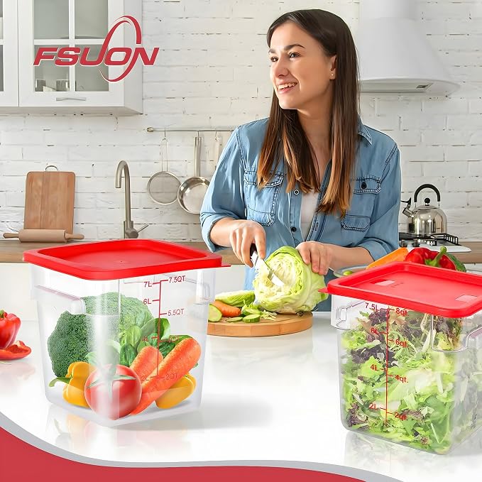 4 Pack 8 Qt Square Polycarbonate Food Storage Containers with Lids | Clear BPA-free PC with lids, side handles, measurement scale and stackable design; for food prep, storage and freezer use.