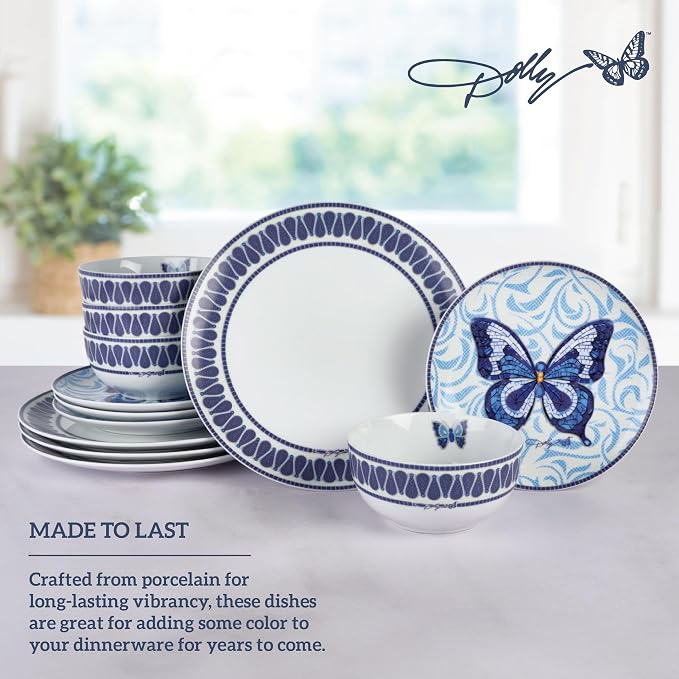Dolly Parton 12 Piece Jeweled Mosaic Blue Butterfly Dinnerware Set Porcelain Dinner Plates Salad Plates Bowls, Service for 4, Microwave Dishwasher Safe