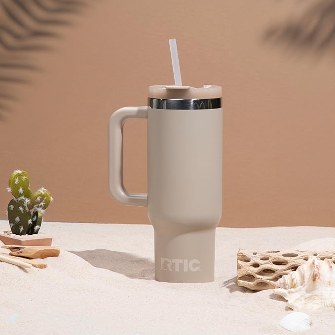 RTIC 40 oz Road Trip Tumbler Double-Walled Cermaic Lined Insulated Stainless Steel Portable Travel Coffee Mug Cup with Lid, Handle and Straw, Beach