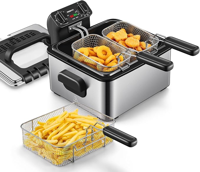 Reemix 4.5L Electric Deep Fryer with 3 Stainless Steel Baskets, 1700W, 2 x 2-Qt and 1 x 4-Qt Baskets, Viewing Window, Adjustable Timer and Temperature up to 400°F, Breakaway Cord