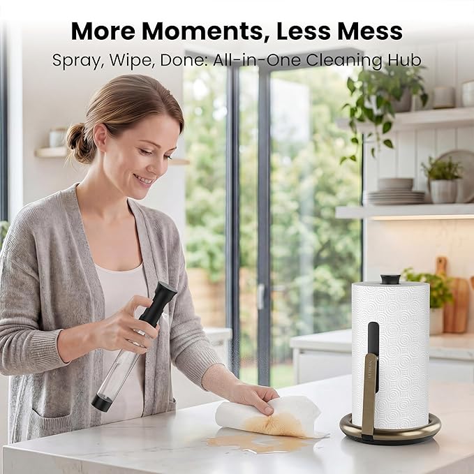 Ultrean Paper Towel Holder with Spray Bottle, Countertop Freestanding Paper Towel Dispenser with Spring-Loaded Tension Arm for One-Handed Tear, Weighted Non-Slip Base, Stainless Steel for Kitchen,Gold