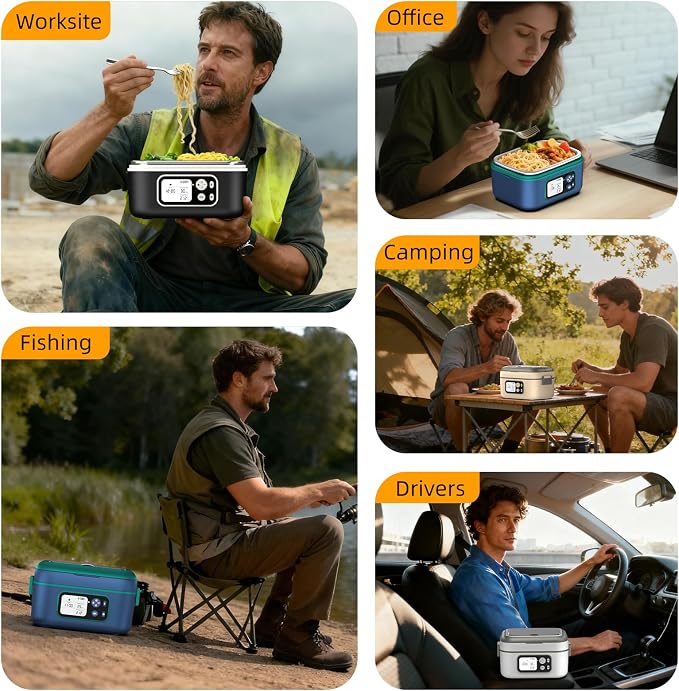 Cordless Electric Heated Lunch Box for Adults, XL 6.3-Cups Rechargeable Battery Powered Smart Self Heating Lunchbox for Men Women, 100W Food Warmer for Trucks Driver Travel Office Worker