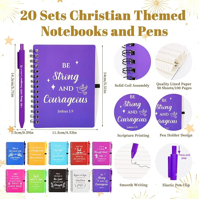 150Pcs/20 Set Christian Church Gifts Bulk for Women Men Include 24OZ Plastic Bible Verse Cups with Religious Notebooks Pens Bracelets, Voluteers Christian Religious Gifts for Mother Father's Day