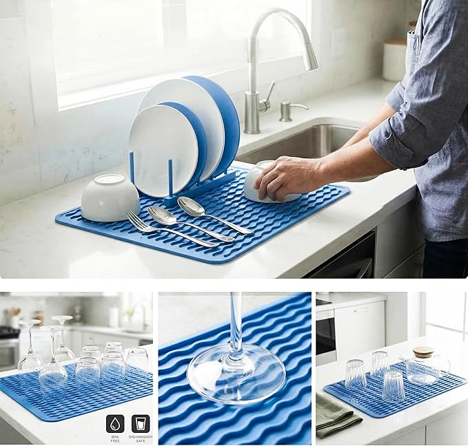 MicoYang Silicone Dish Drying Mat for Multiple Usage,Easy clean,Eco-friendly,Heat-resistant Silicone Mat for Kitchen Counter or Sink,Refrigerator or drawer liner Lichen BlueL L 16 inches x 12 inches