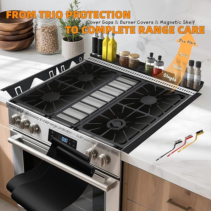 Stove Gap Covers Stainless Steel 2PC(0.08"–0.7" W,13.8"–27.5" L)+30"(2×15") Silicone Magnetic Stove Shelf+4PC Gas Burner Covers|Heat Resistant Non-Stick Range Accessories,Bonus Cleaning Brushes