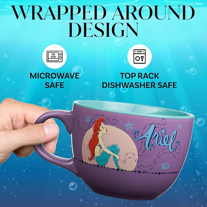 Silver Buffalo Disney Princess Ariel Moonlight Ceramic Soup Mug, 24oz | Little Mermaid artwork, Moonlight ocean design, Large capacity ceramic mug, Ideal for soups & noodles, BPA-free construction