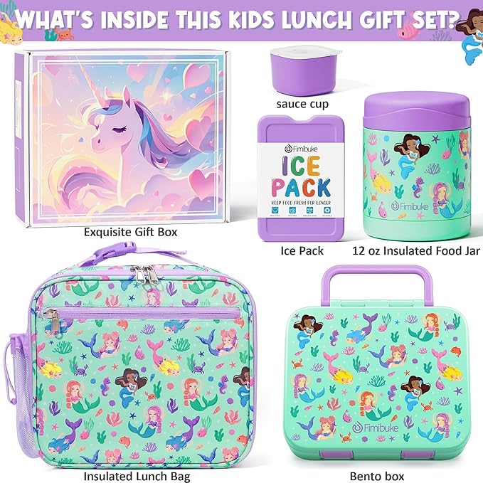 Fimibuke Bento Lunch Box for Kids with Food Jar, 3-Compartment 32OZ Snack Lunch Container, Lunch Bag, 12OZ Insulated Food Jar & Ice Pack Set for Age 3-12 School Daycare Toddler Teen Girls Boy, Mermaid