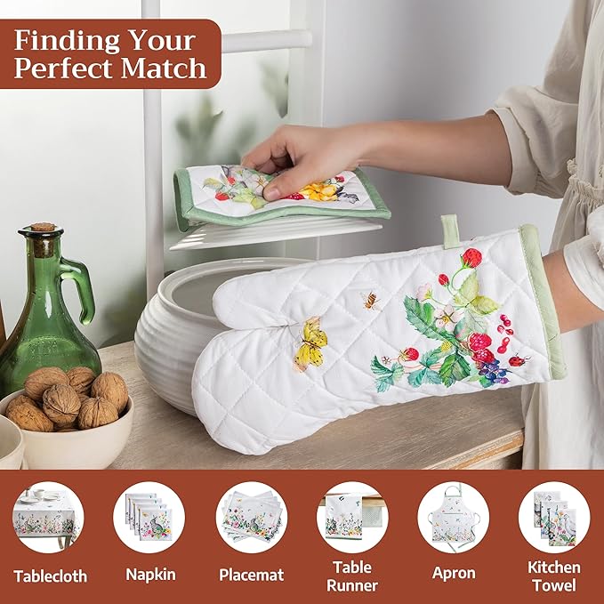 Maison d' Hermine Pot Holders 100% Cotton Heat Resistant Potholders 8" x 8" Hot Pads with Loop BBQ Cooking Baking Gifts for Mothers Day Handling Hot Pans Spring/Summer (Pack of 2, Printemps)