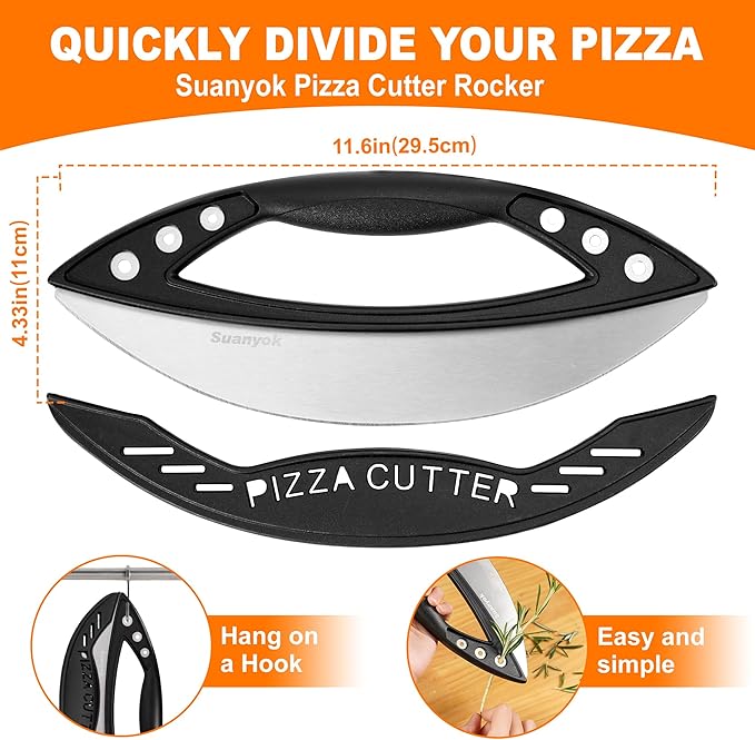 Suanyok Premium Pizza Cutter Rocker Blade with Cover, 12" Stainless Steel Large Wheel Slicer-Food Vegetable Chopper Kitchen Gadgets, Black