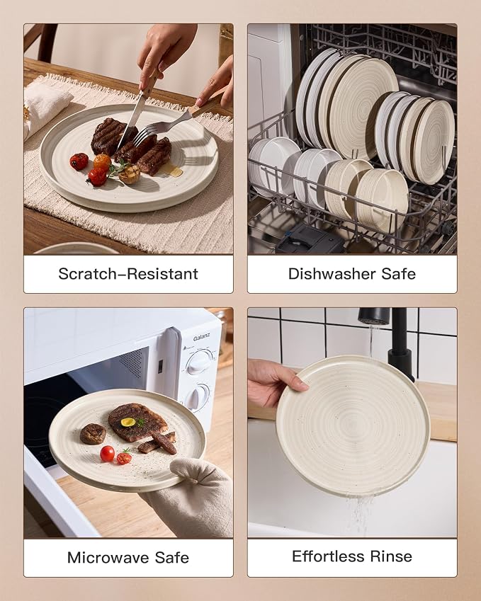 24-Piece Reactive Glaze Stoneware Dinnerware Sets for 8 - High Edge Plates & Bowls, Speckles & Spirals - Chip & Scratch Resistant, Microwave & Dishwasher Safe - Gift Box, Shell Beige