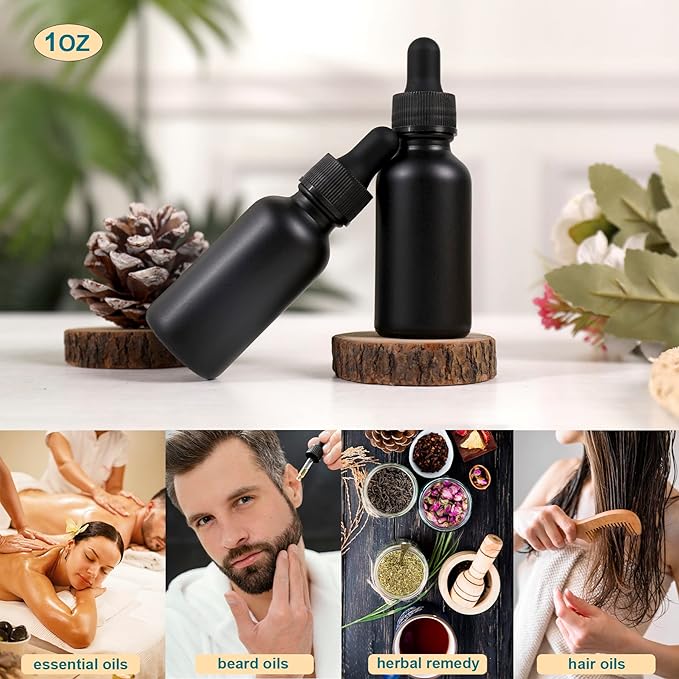 NOOEEISS 48 Pack,1oz Glass Dropper Bottle, Frosted Black Tincture Bottles with Dropper,Pretty Finish for All Kinds of Liquids,Oil Bottles for Hair- Stronger Suction ideal for Leakproof Travel