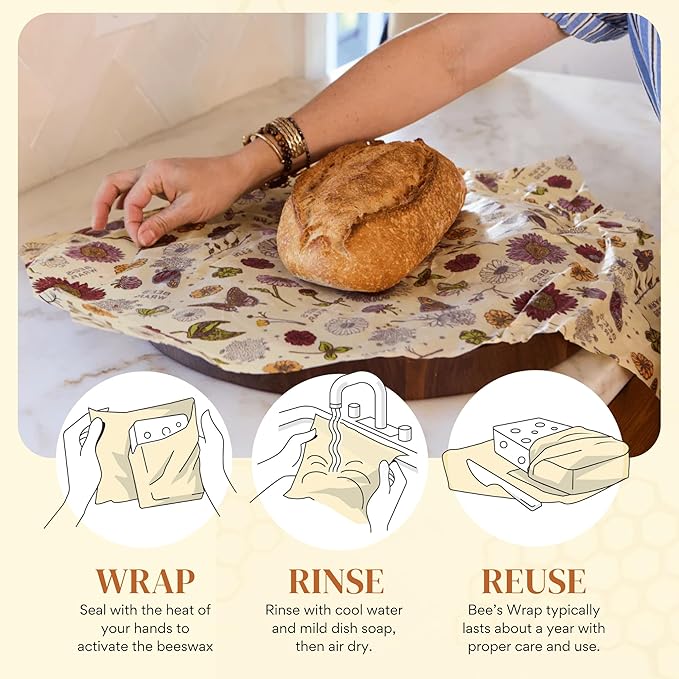 Bee's Wrap Beeswax Wraps for Bread - Beeswax Bread Wrap for Sourdough & Bread Storage - Plastic Free Made in USA Reusable Natural Food Wrap - Meadow Magic