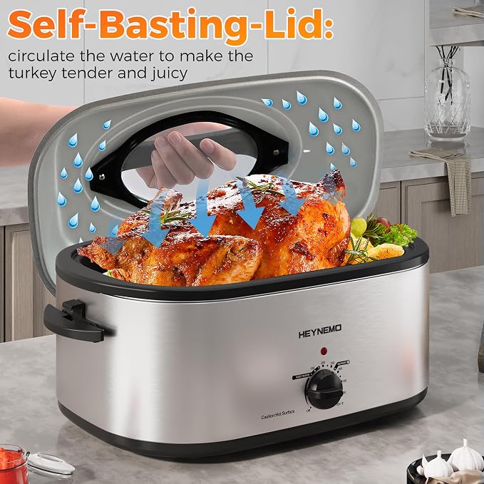 22 Quart Electric Roaster Oven with Visible & Self-Basting Lid, Large Turkey Roaster with Defrost Warm Function, Adjustable Temperature, Removable Pan Rack, Stainless Steel