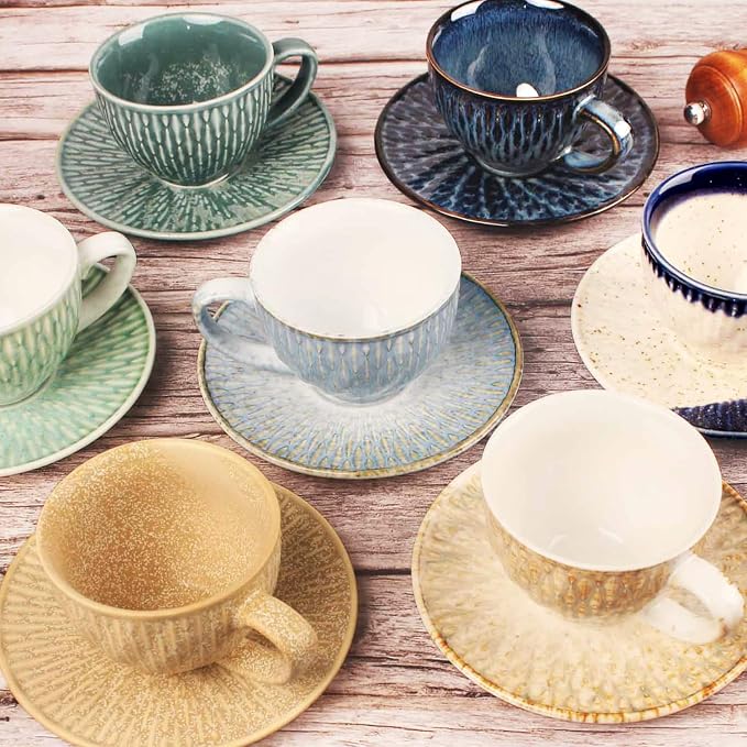 Coffee Mugs Set, 6.8 Oz,Ceramic Tea Cup with saucer, Espresso Cups 8-piece, Stackable Cups, for Latte,Hot Tea,Cappuccino, Mocha, Cocoa, dishwasher & microwave safe,Royal blue