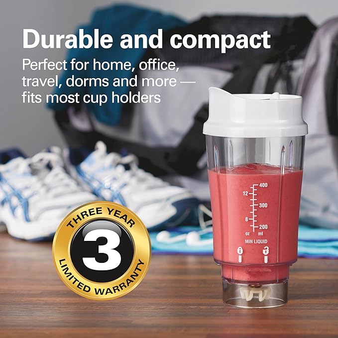 Hamilton Beach Portable Blender for Shakes and Smoothies, 14 Oz BPA Free Travel Cup & Lid, Durable Stainless Steel Blades, Personal Smoothie Blender, 2 Jars - White (51102V)