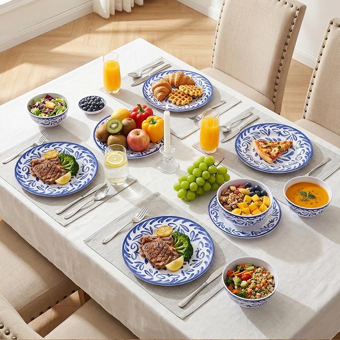 12-Piece Melamine Plates and Bowls Set - Blue & White Dinnerware Set， Service for 4, Lightweight Melamine Dishes Set for Indoor and Outdoor Use，Artistic Blue Floral