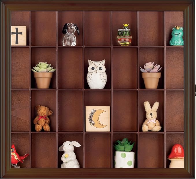 Gallery Solutions - 18x16 Shot Glass Collection - Walnut Collectable Display Case - Hinged Front - 28 Display Slots for Shot Glasses - Bar, Home, Office Accessories