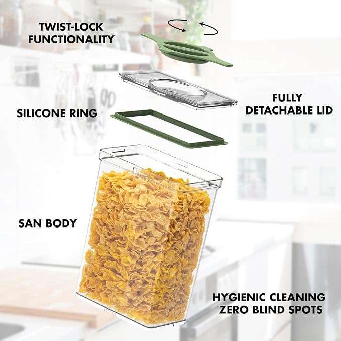4-Pack Airtight Pantry Containers, 1.9 QT / 1.8 L Clear Food Storage Jars with Leakproof Twist-Lock Lids, Detachable Lid for Easy Cleaning, Cereal, Pasta, Rice, Oats, Snack Storage- Green