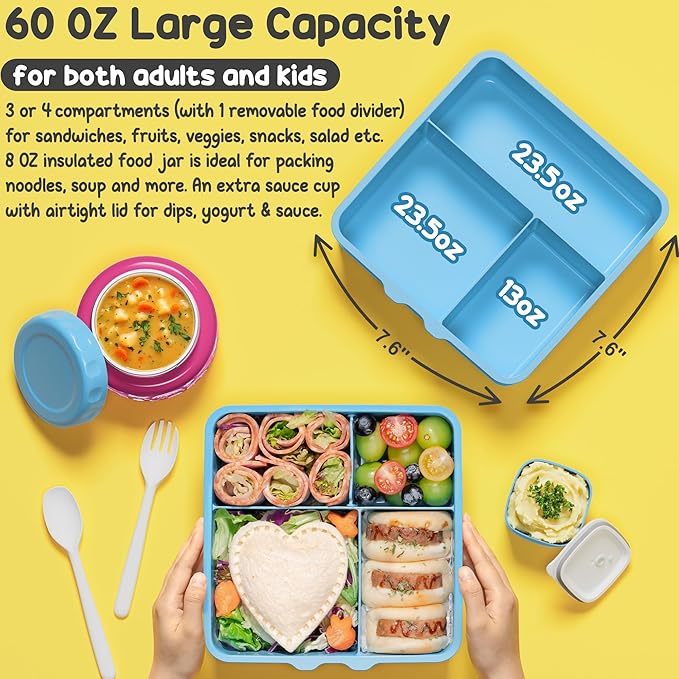 Fimibuke Bento lunch Box Set for Kids Adult with 8oz Insulated Food Jar, Lunch Bag & Sauce Cup, Leakproof Dishwasher Safe Toddler Lunch Food Container with 3-4 Compartment for School Girls Boys
